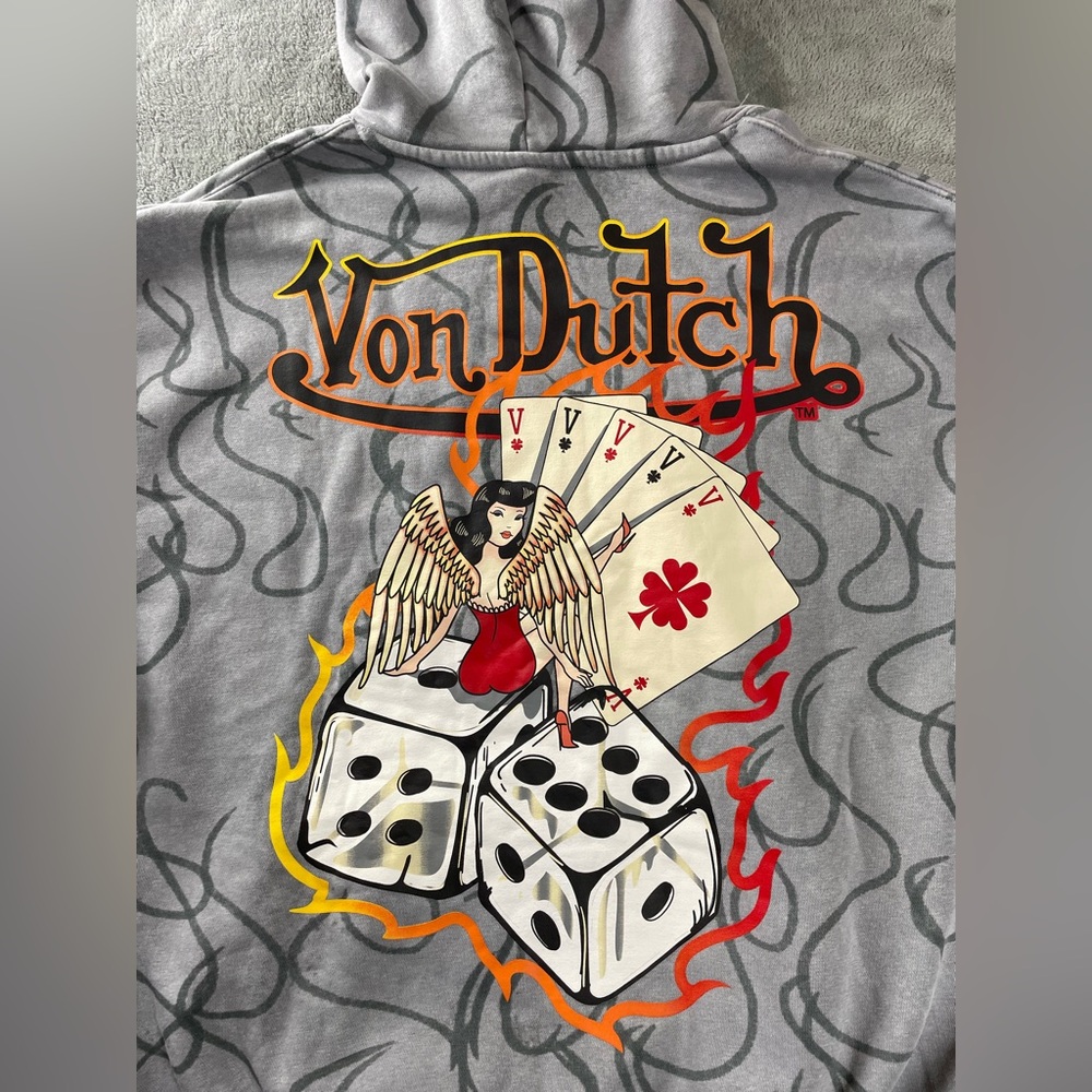 Von Dutch Hooded Sweatshirt Mens Small / Medium Logo Gray Hoodie 8 Ball Flames - Picture 13 of 15